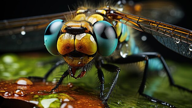 Gros plan d'une libellule bleue sur une souche d'arbre