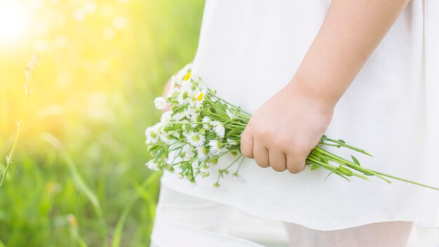 Gros plan, main, tenue, blanc, fleurs, main