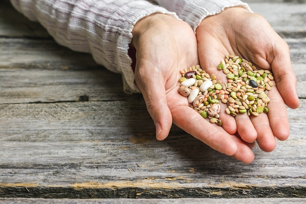 Photo gratuite gros plan de mains féminines tenant des haricots mélangés