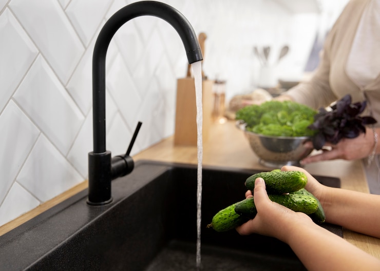 Photo gratuit gros plan sur les mains lavant les concombres