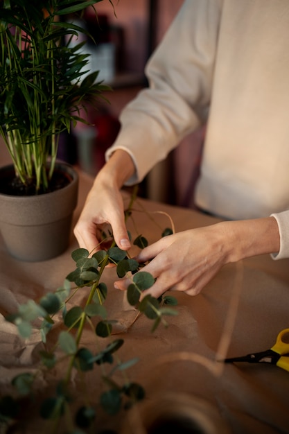 Gros plan des mains tenant une brindille