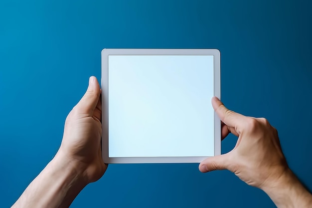 gros plan mains tenant une tablette ipad blanche horizontale sur fond bleu