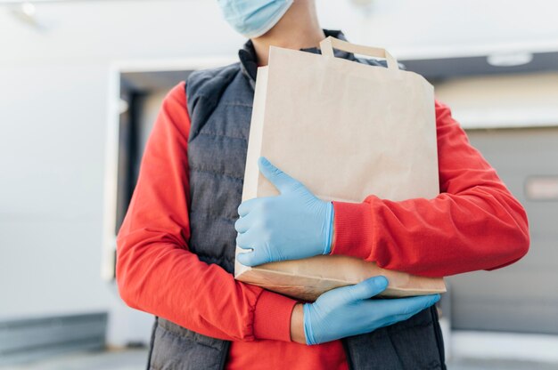 Gros plan, mains, tenue, sac papier