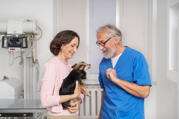 Gros plan sur un médecin vétérinaire prenant soin d'un animal de compagnie