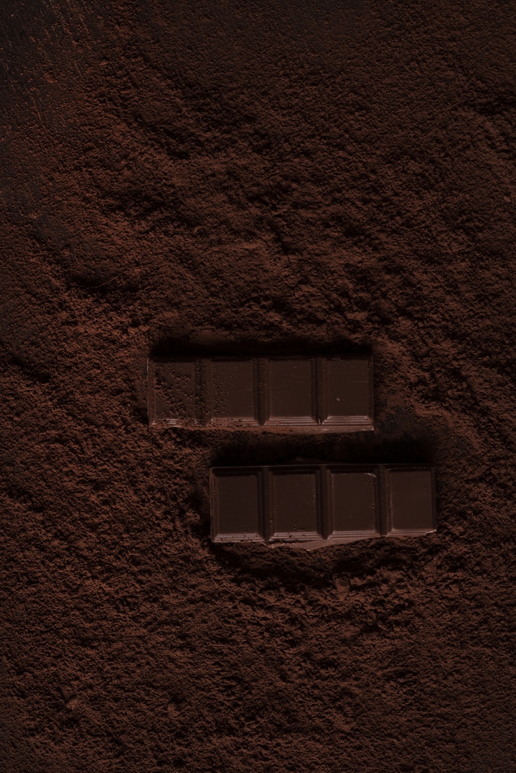 Photo gratuit gros plan d'un morceau de chocolat en poudre de chocolat sur une table