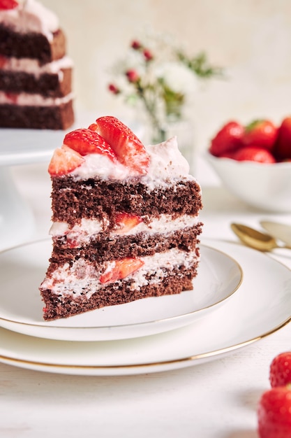 Gros plan d'un morceau de délicieux gâteau aux fraises sur une assiette