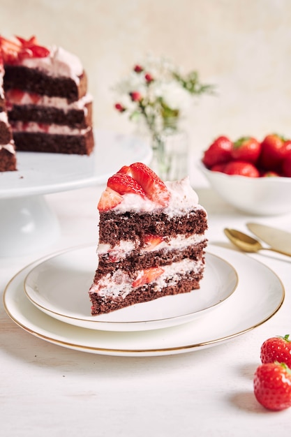 Gros plan d'un morceau de délicieux gâteau aux fraises sur une assiette