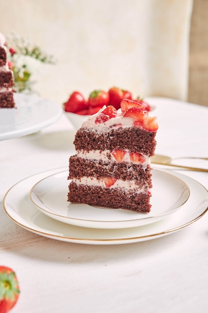 Gros plan d'un morceau de délicieux gâteau aux fraises sur une assiette