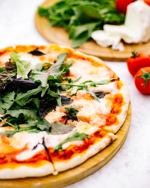 Photo gratuite gros plan d'une pizza margherita garnie de fusée