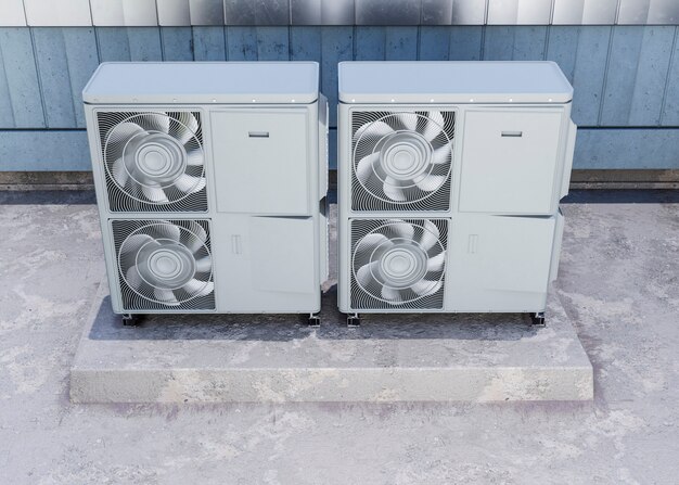 Gros plan sur la pompe à chaleur à l'extérieur de la maison