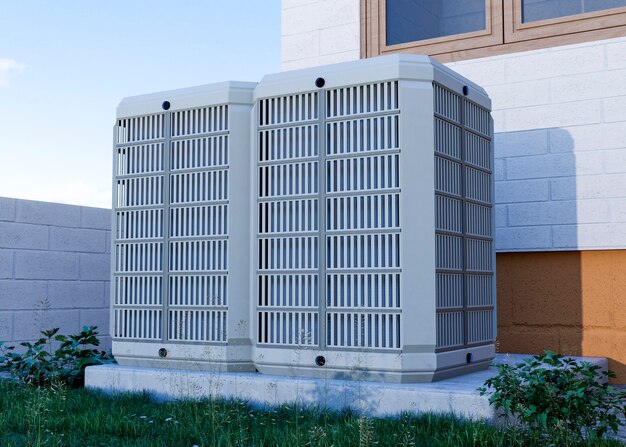 Gros plan sur la pompe à chaleur à l'extérieur de la maison