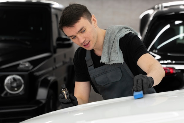 Gros plan sur le processus d'entretien de la voiture