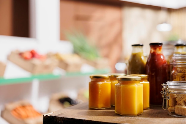 Photo gratuite gros plan de produits vendus en vrac dans un magasin zéro déchet afin de minimiser l'utilisation du plastique pour un mode de vie durable. des produits de base pour garde-manger bio prêts à être achetés par des clients vivant consciemment