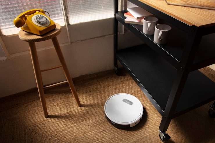 Photo gratuit gros plan sur un robot aspirateur à l'intérieur