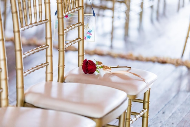 Gros plan d'une rose rouge sur une chaise dorée et blanche dans une salle de mariage