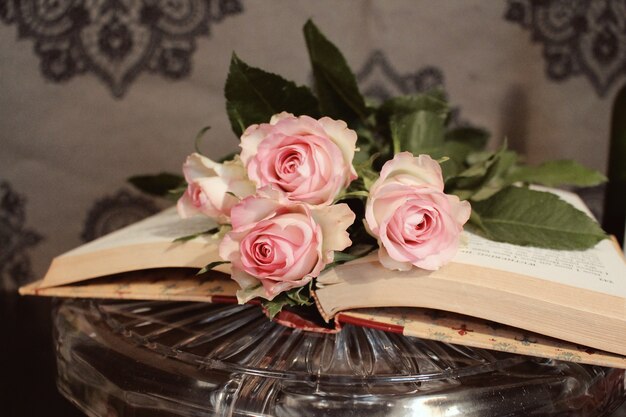 Gros plan de roses roses sur un livre ouvert
