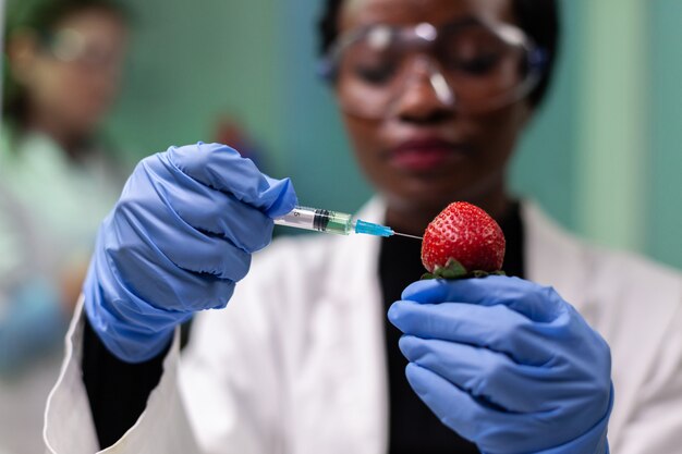 Gros plan scientifique afro-américain injectant des fraises avec des pesticides chimiques à l'aide d'une seringue médicale lors d'une expérience agricole. Biochimiste travaillant dans un laboratoire hospitalier testant des fruits biologiques