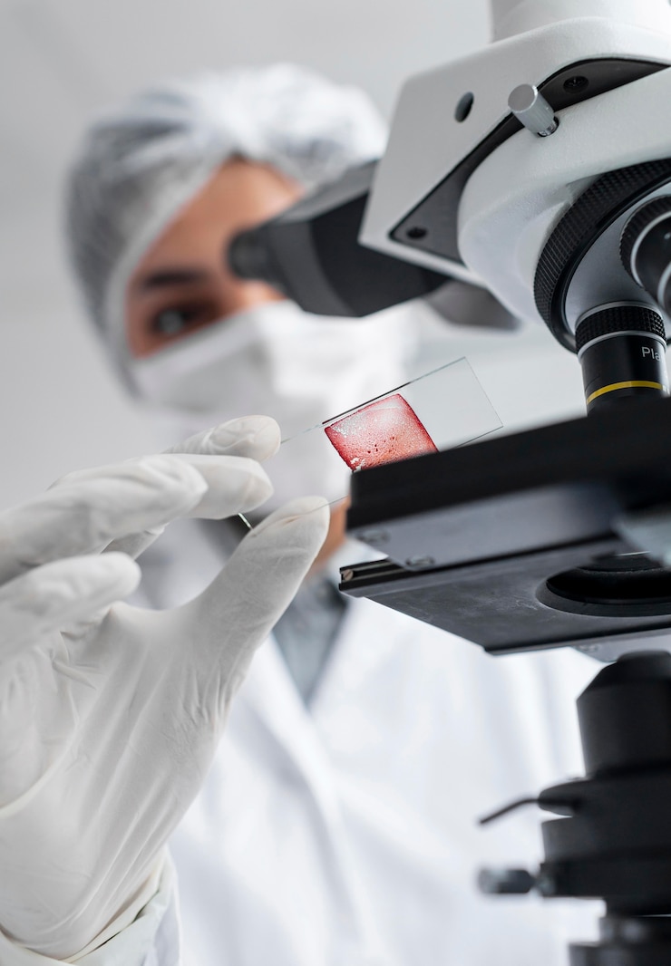 Photo gratuit gros plan scientifique flou travaillant avec lame de verre