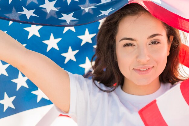 Gros plan, Sourire, femme, tenue, grand, usa, drapeau