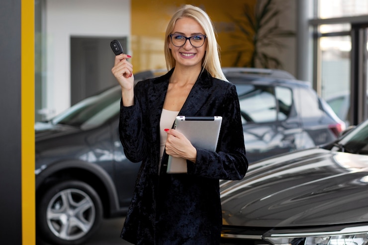 Photo gratuit gros plan sur le vendeur en concession automobile