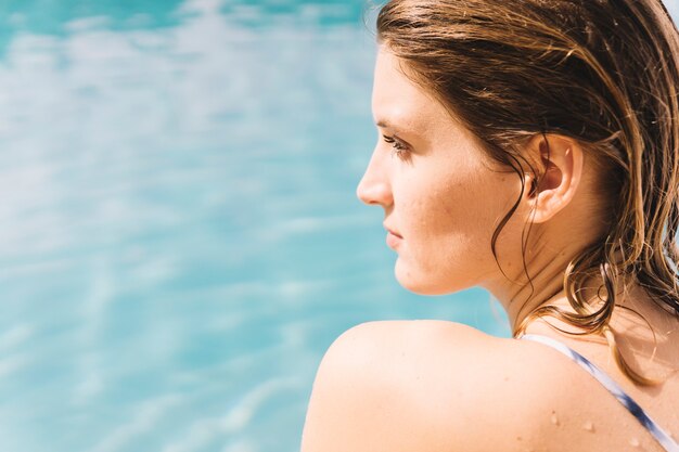 Gros plan, vue, femme, séance, piscine