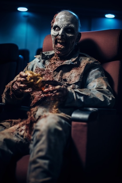 Photo gratuite gros plan sur un zombie assis dans une salle de cinéma