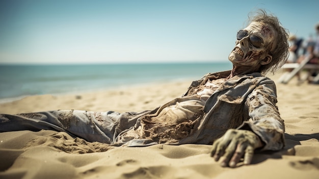 Photo gratuite gros plan sur un zombie au bord de la mer