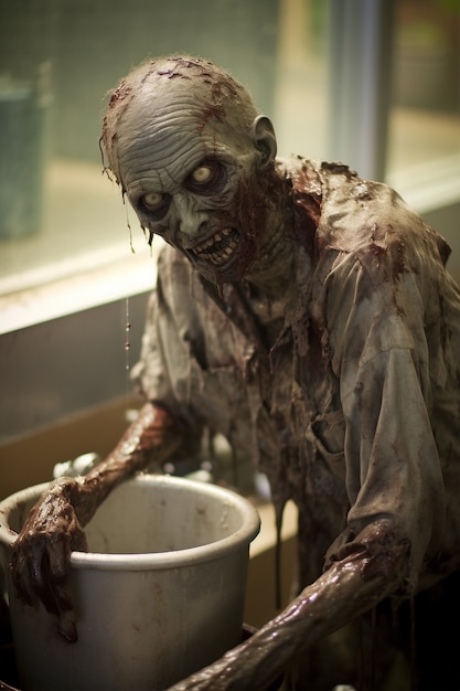 Photo gratuite gros plan sur un zombie dans la salle de bain