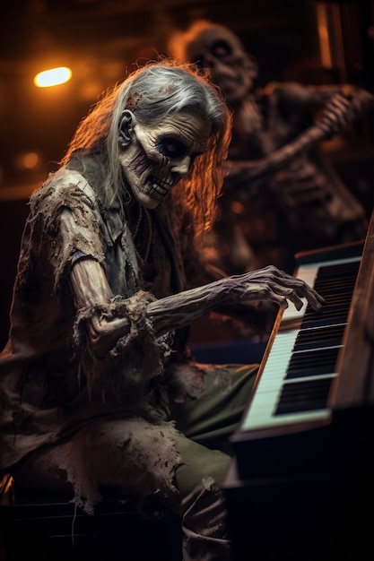 Photo gratuite gros plan sur un zombie jouant du piano