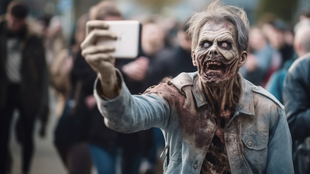 Photo gratuite gros plan sur un zombie prenant un selfie