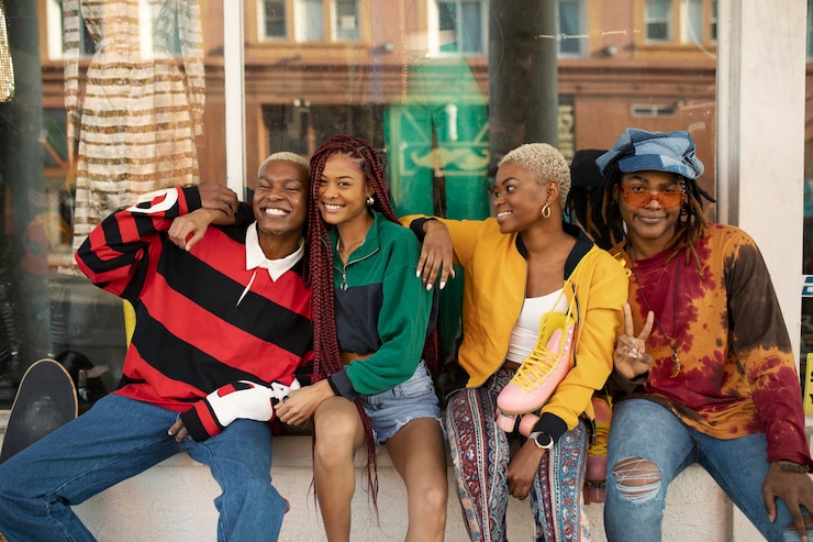 Photo gratuit groupe d'amis debout à l'extérieur d'un magasin de vêtements dans la ville