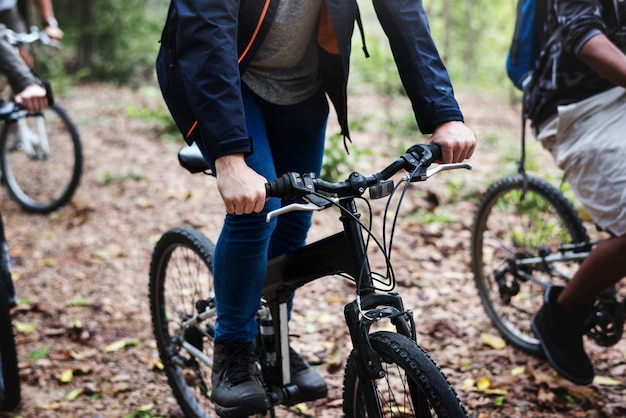 Groupe d&#39;amis faire du vélo de montagne dans la forêt ensemble