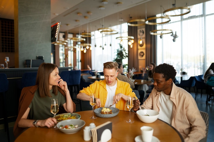 Photo gratuit groupe d'amis en train de déjeuner ensemble au restaurant