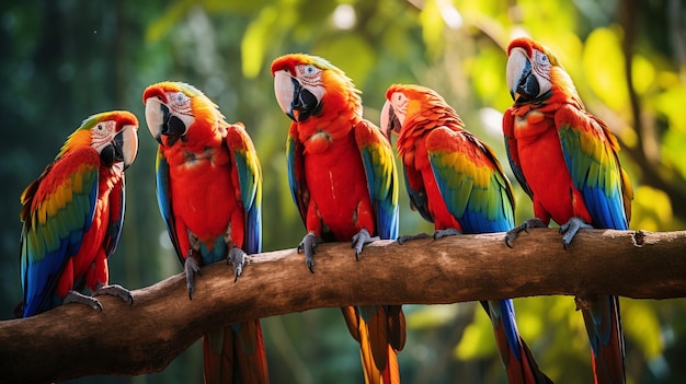 Un groupe d'araules colorées bavardent vivement à midi au milieu d'un feuillage luxuriant.