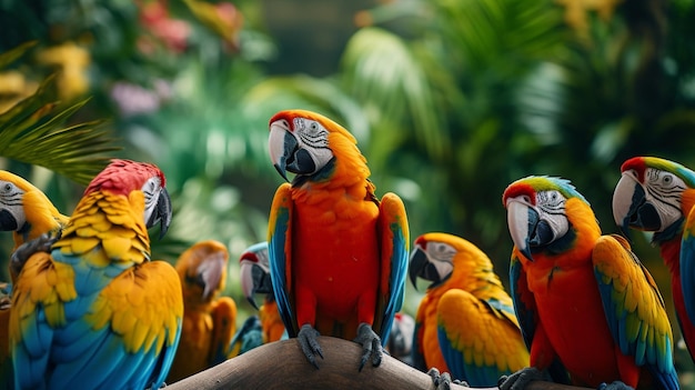 Photo gratuite un groupe d'araules colorées bavardent vivement à midi au milieu d'un feuillage luxuriant.