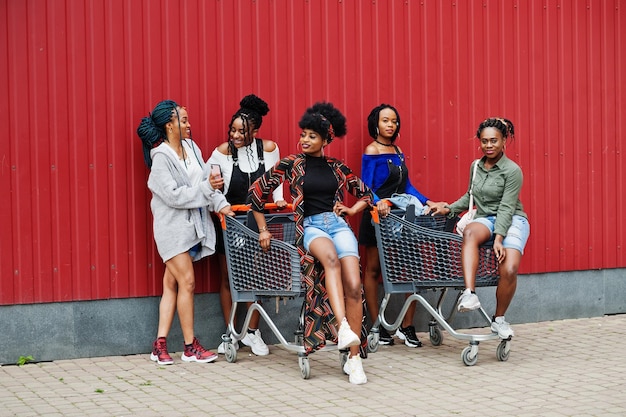 Photo gratuite groupe de cinq femmes afro-américaines avec des caddies s'amusant ensemble en plein air