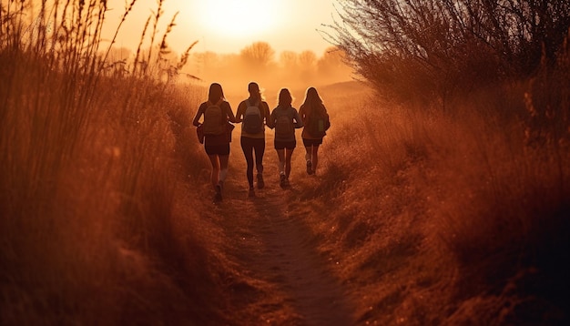 Un groupe de coureurs courent sur un sentier au coucher du soleil.
