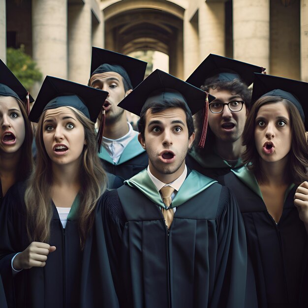 Photo gratuite groupe de diplômés en casquettes et robes regardant la caméra le jour de la remise des diplômes