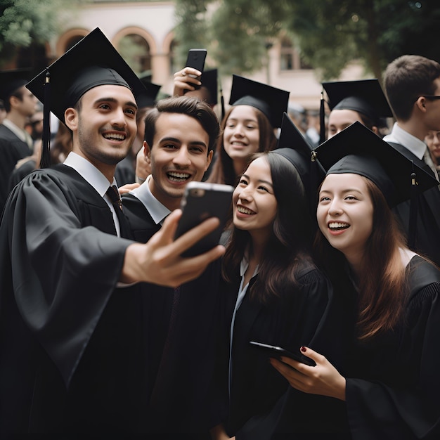 Photo gratuite groupe de diplômés prenant un selfie avec un téléphone portable groupe de jeunes en robes de graduation et en mortier prenant un selfie avec un smartphone