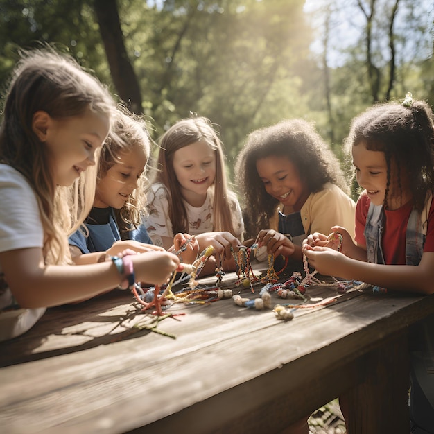 Photo gratuite groupe d'enfants assis à une table en bois dans le parc et jouant avec des perles de couleur