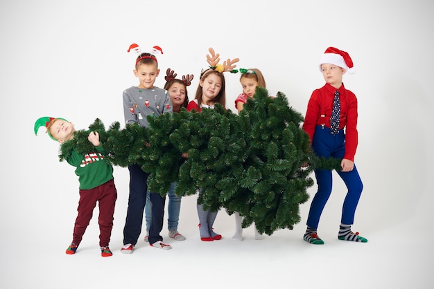 Groupe d'enfants essaient de soulever l'arbre de Noël