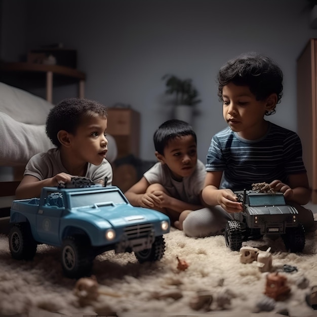 Photo gratuite groupe d'enfants jouant avec des voitures jouets dans le salon à la maison