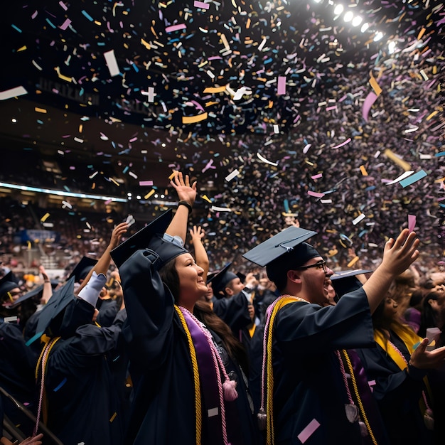 Photo gratuite un groupe d'étudiants en robes de graduation jettant des confettis en l'air