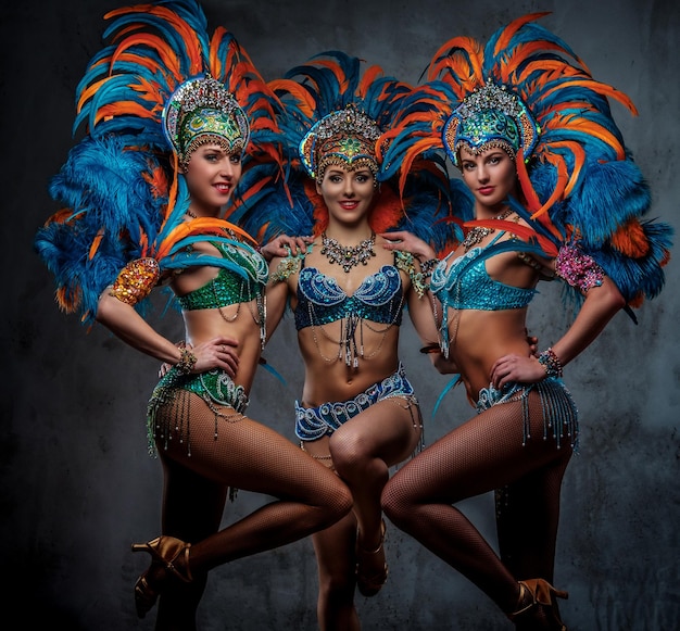 Photo gratuite groupe de filles sexy dans un somptueux costume de plumes de carnaval coloré, posant sur un fond sombre.