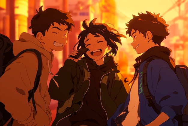 Un groupe de garçons dans le style d'anime passant du temps ensemble et appréciant leur amitié
