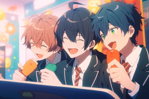 Un groupe de garçons dans le style d'anime passant du temps ensemble et appréciant leur amitié