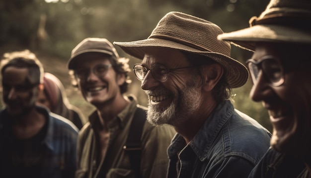 Photo gratuite un groupe d'hommes sourient et rient devant un arbre.