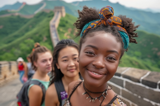 Photo gratuite un groupe de jeunes amis visitant la grande muraille de chine