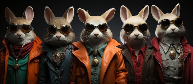 Groupe de lapins drôles en lunettes de soleil sur fond noir