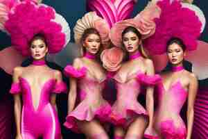 Photo gratuite un groupe de mannequins en tenues roses avec un grand bandeau à plumes roses.